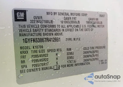 2007 Cadillac Escalade Standard z USA, uszkodzony, nr VIN 1GYFK63867R412691